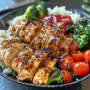 Juicy low carb chicken bowl filled with cauliflower rice, mixed vegetables, and creamy sauce.