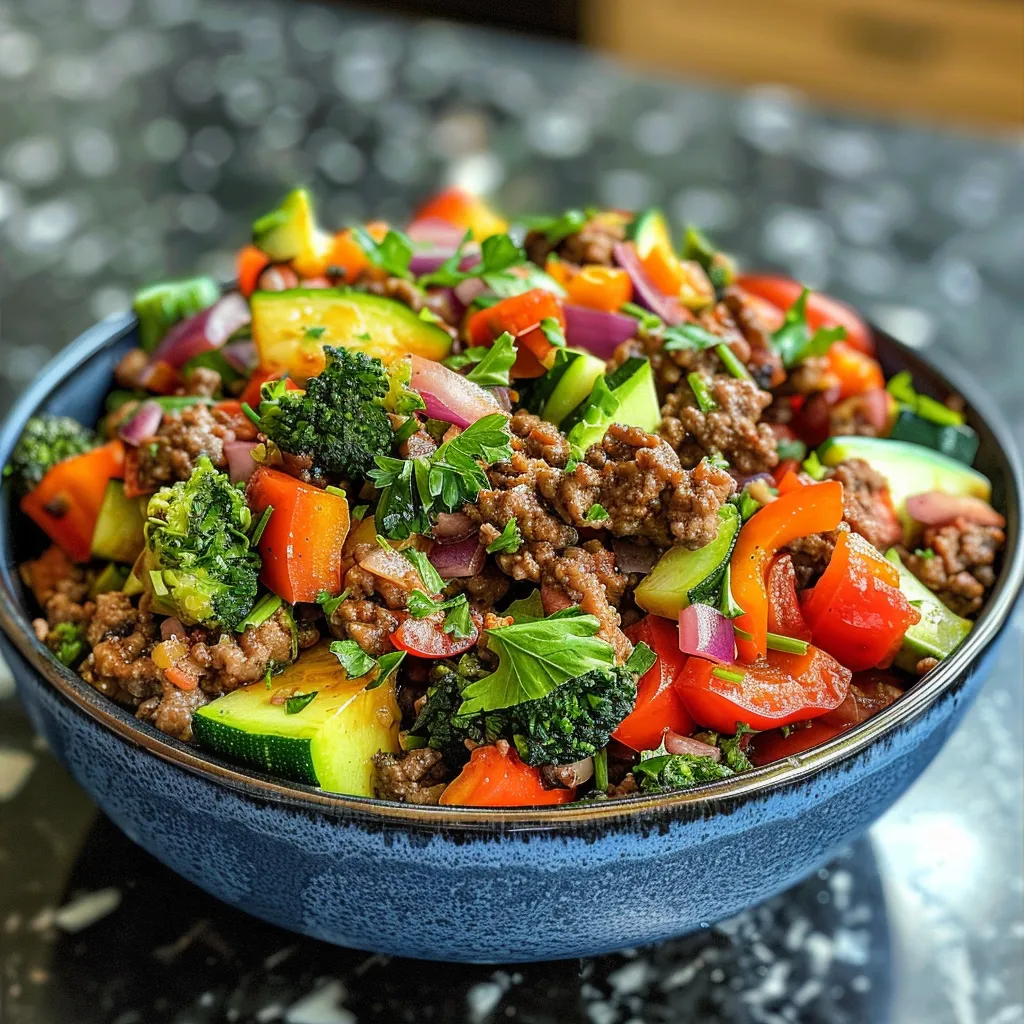 Delicious meal prep skillet showcasing ground beef and fresh produce.