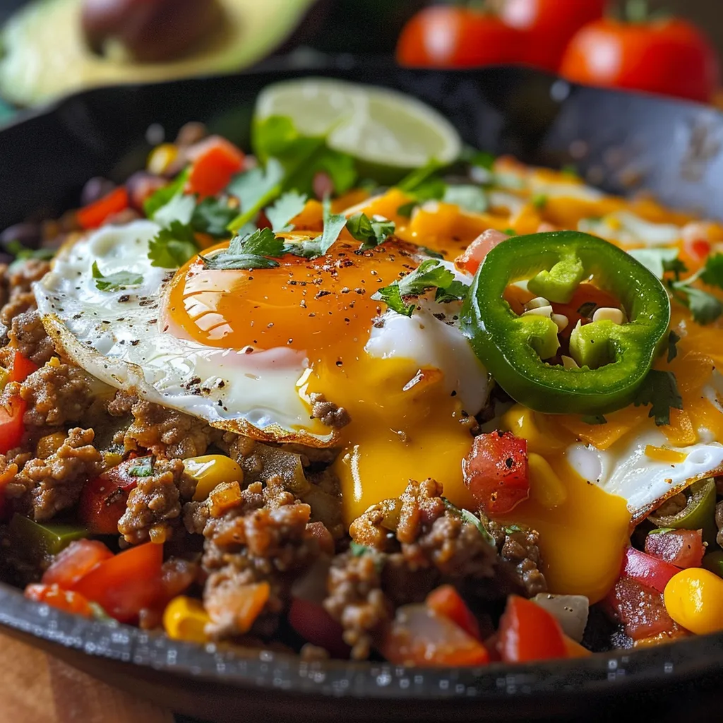 Juicy Mexican Beef and Egg Skillet filled with diced tomatoes, peppers, and garnished with cilantro.
