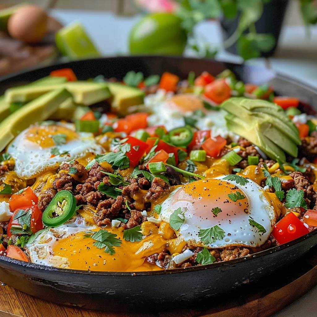 A delicious plate of Beef and Egg Skillet topped with cheddar cheese and avocado slices.
