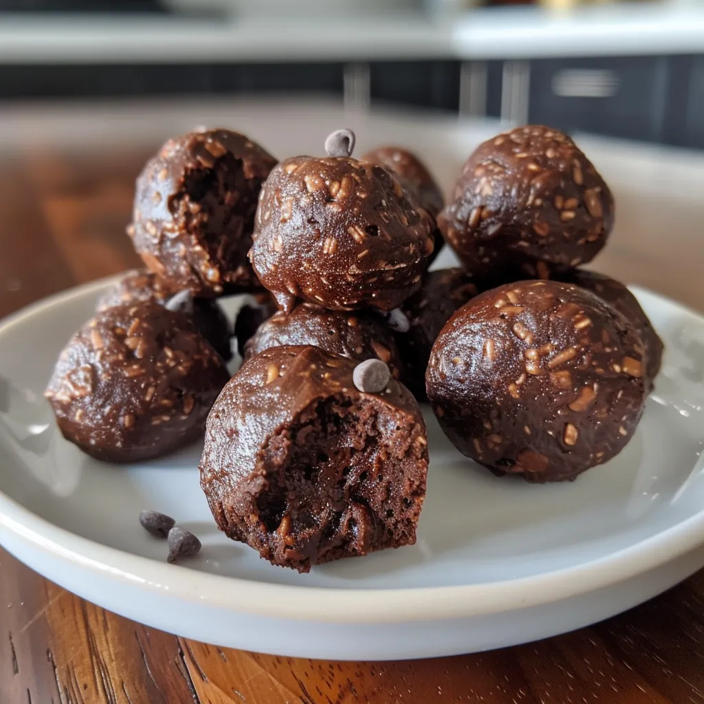 Close-up of a single No Bake Brownie Bite with a smooth, shiny exterior and chocolate chips.