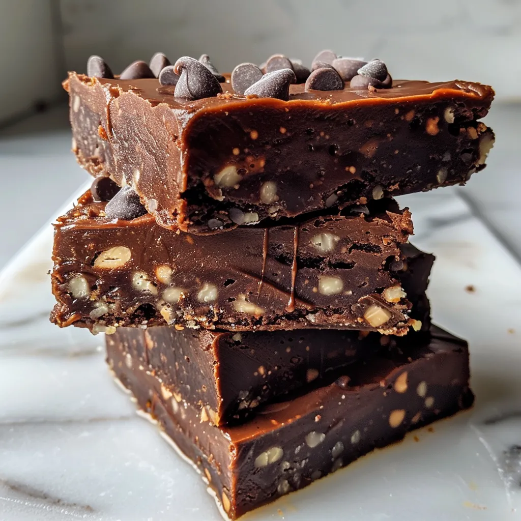 Juicy No Bake Chocolate Protein Bars arranged neatly, highlighting their chocolaty appearance and ingredients.