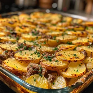 Close-up image of a hearty One-Pan Beef & Potato Bake with sliced potatoes and garnished with parsley.