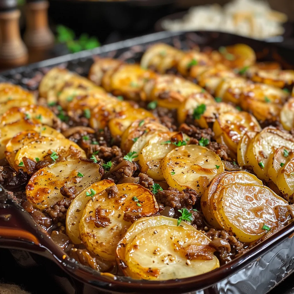 Side view of a savory One-Pan Beef & Potato Bake, emphasizing the tender beef and seasoned potatoes.