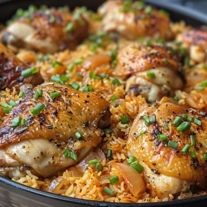 Detailed view of One Pot Chicken and Rice, highlighting tender chicken and colorful herbs.