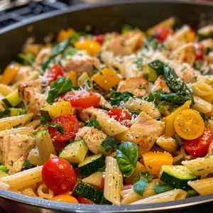 Juicy One Pot Chicken Primavera Pasta displayed, showcasing vibrant bell peppers and spinach mixed with pasta.
