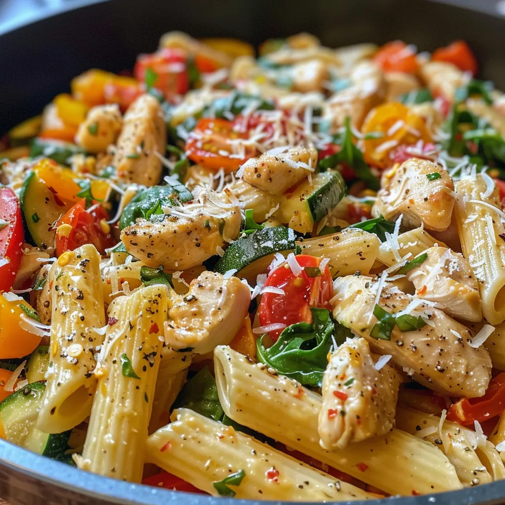 Detailed view of One Pot Chicken Primavera Pasta, highlighting the texture of chicken and colorful vegetables.