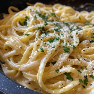 Juicy one pot creamy garlic pasta plated, showcasing garlic and cheese.