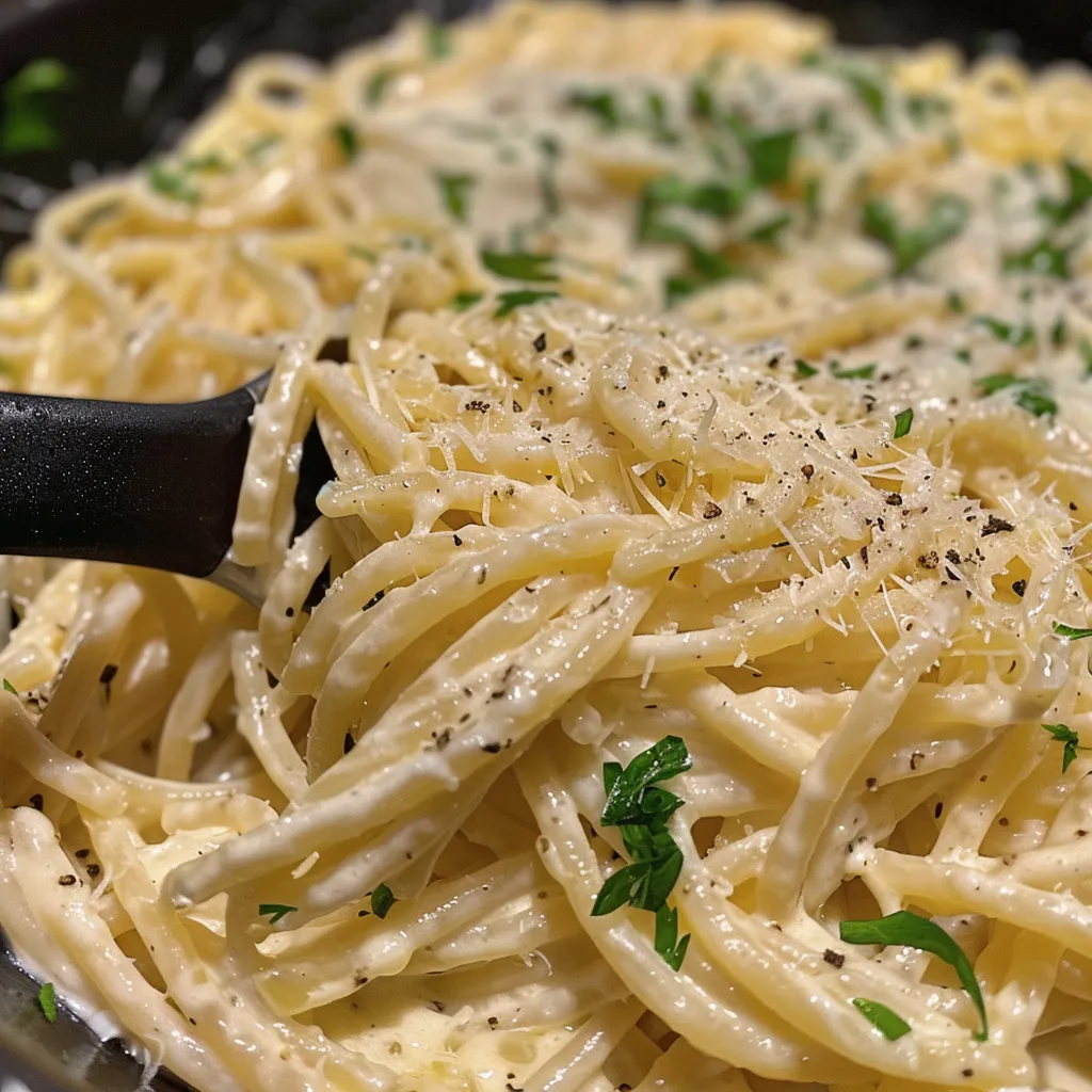 Creamy garlic pasta with melted cheese, garnished with fresh herbs.