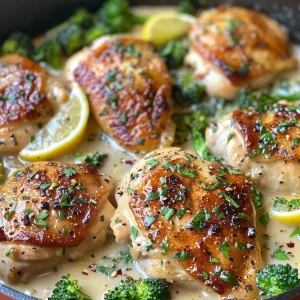 Close-up of tender chicken thighs coated in a luscious lemon garlic cream sauce, topped with parsley.