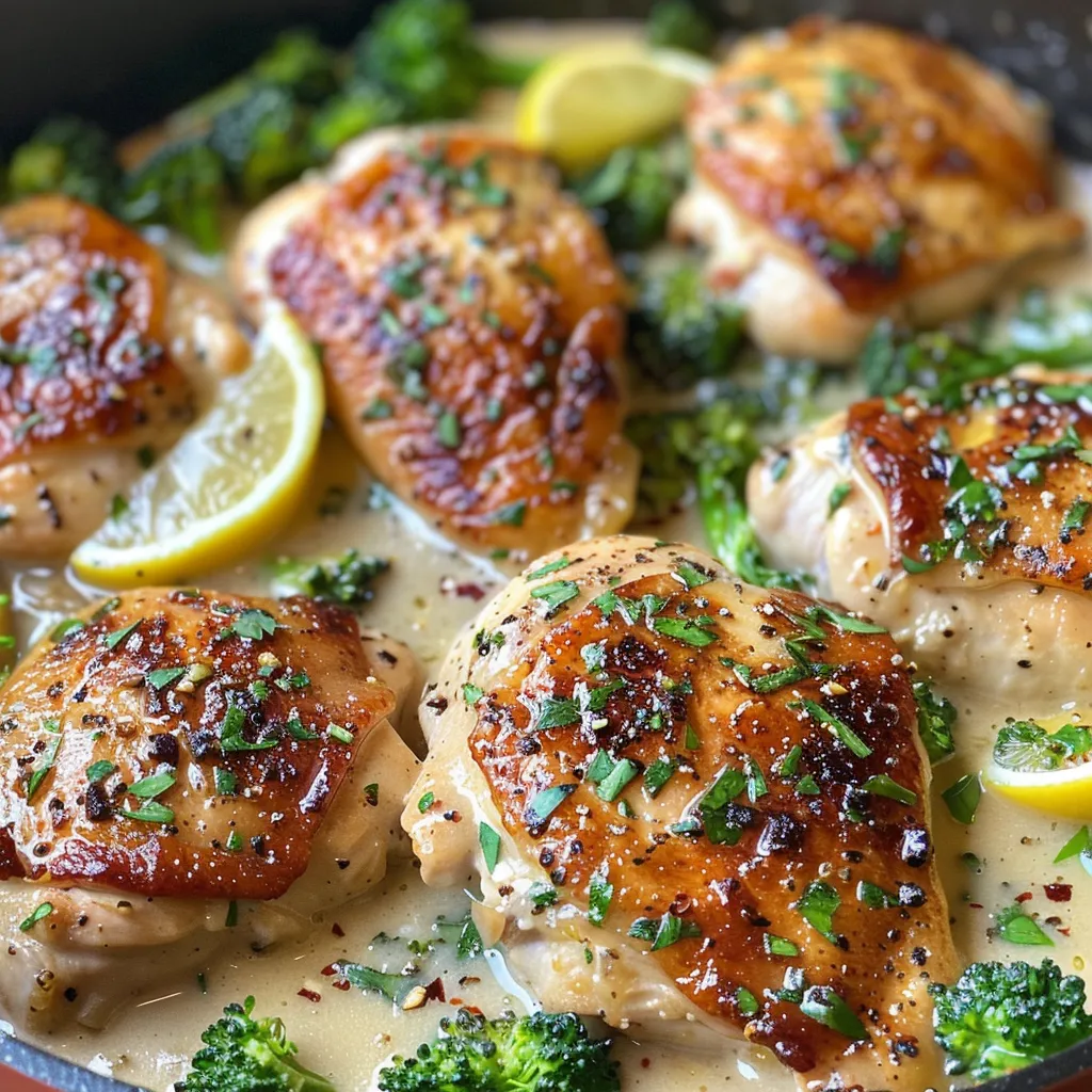 Close-up of tender chicken thighs coated in a luscious lemon garlic cream sauce, topped with parsley.