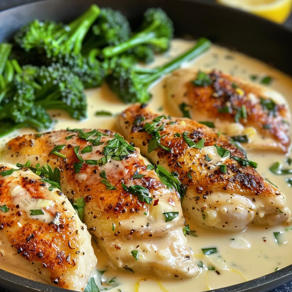 Delicious One Skillet Chicken featuring a golden sauce with garlic and lemon, accompanied by green vegetables.