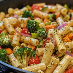 Detailed side view of Pasta Primavera, showcasing its rich colors and ingredients.