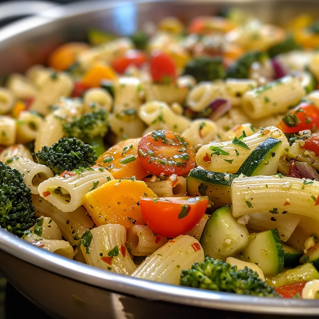 Close-up of a delicious serving of Pasta Primavera with a variety of fresh vegetables.