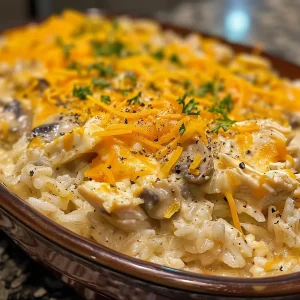Juicy Pioneer Woman Chicken Rice Casserole served in a baking dish, showcasing its creamy texture.