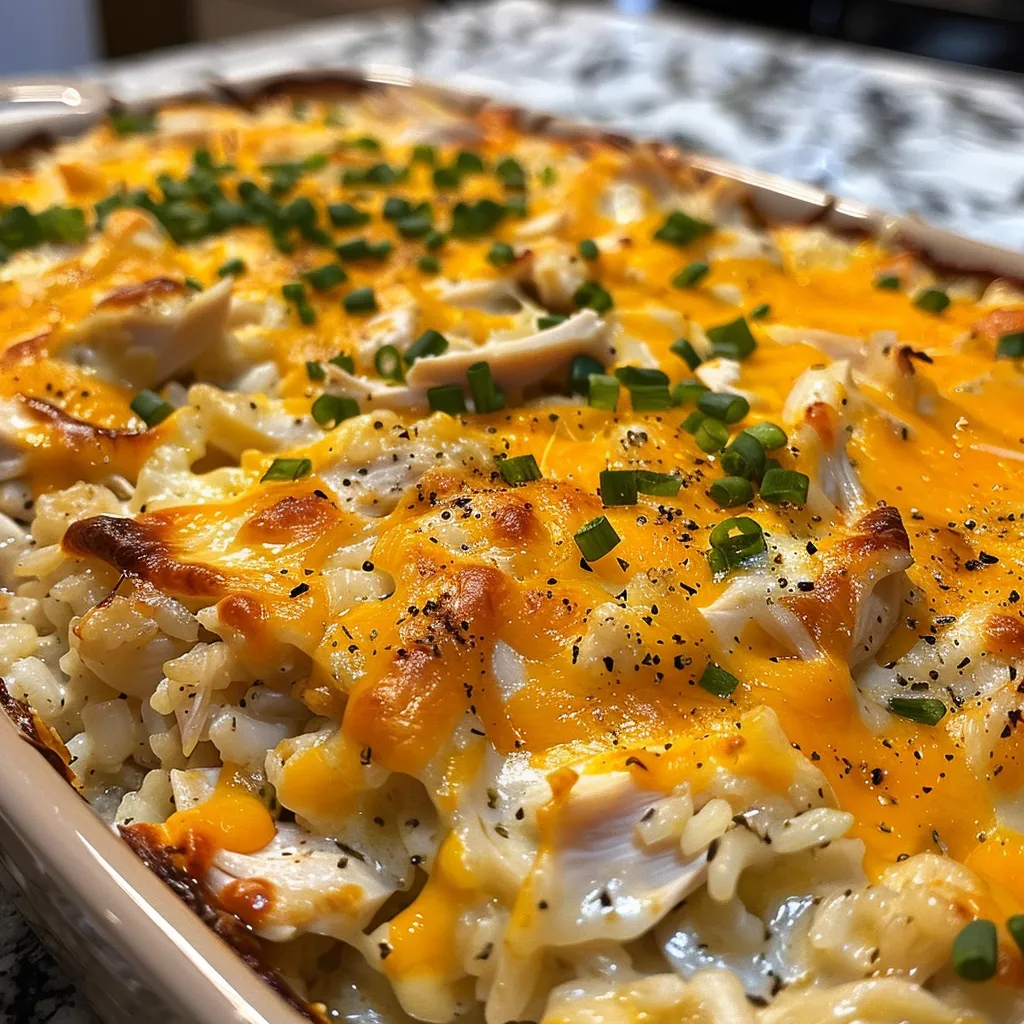 Delicious chicken and rice casserole featuring shredded chicken and melted cheddar on top.