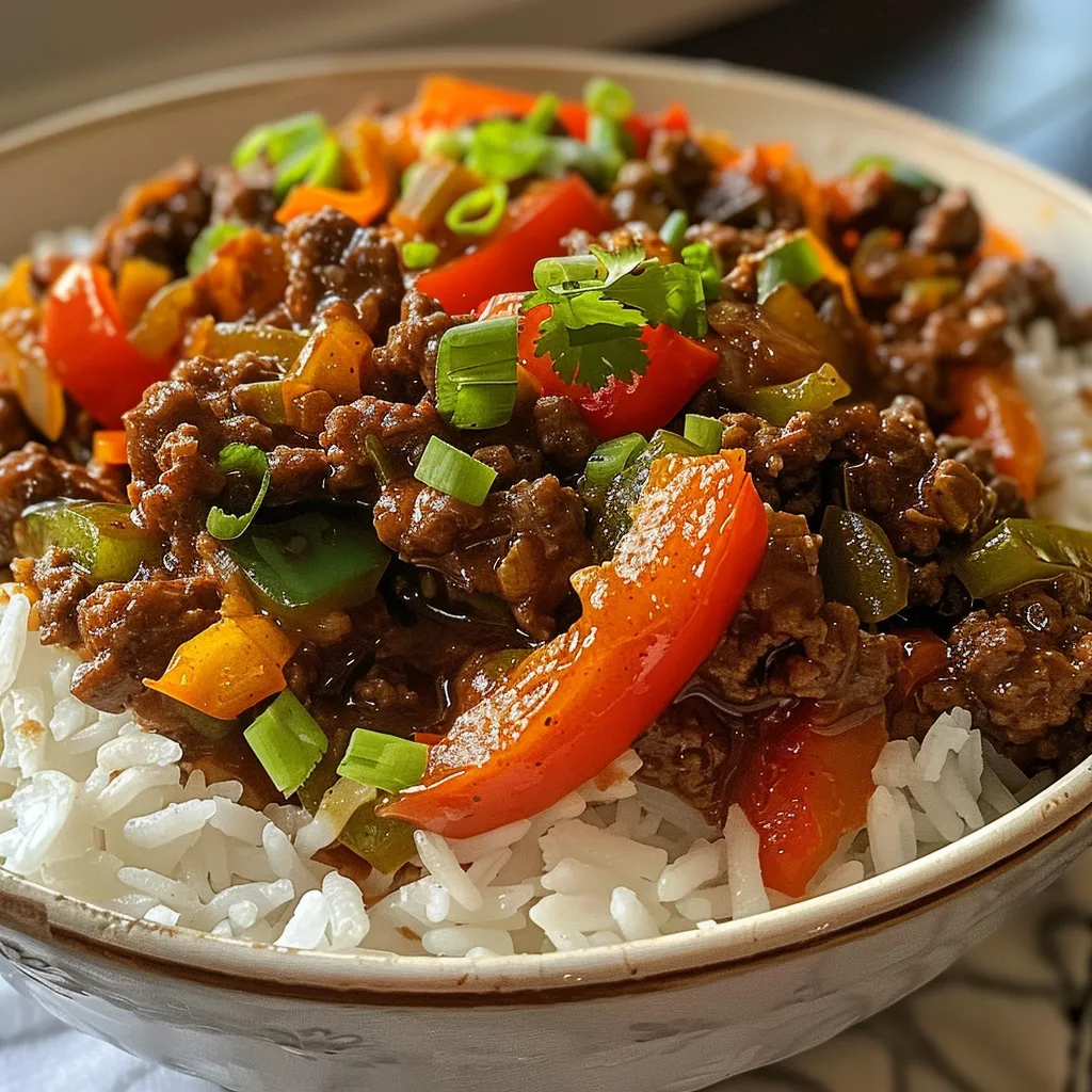 Juicy beef, peppers, and rice arranged attractively in a close-up bowl image.