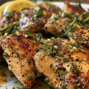 Detailed view of succulent chicken thighs infused with garlic and herbs on a plate.