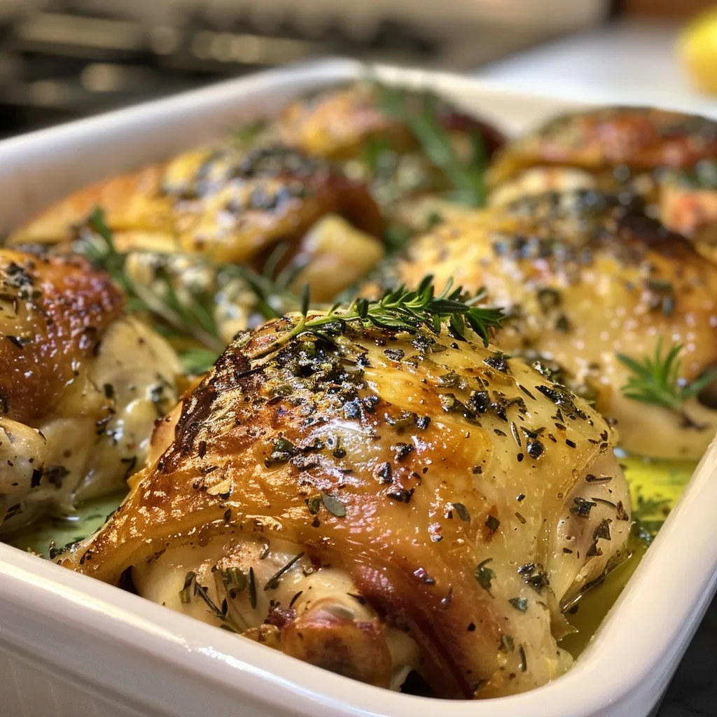 Mouthwatering roasted chicken thighs with crispy skin and fresh herb topping.