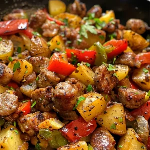 Juicy breakfast hash featuring diced potatoes, sausage, and bell peppers.