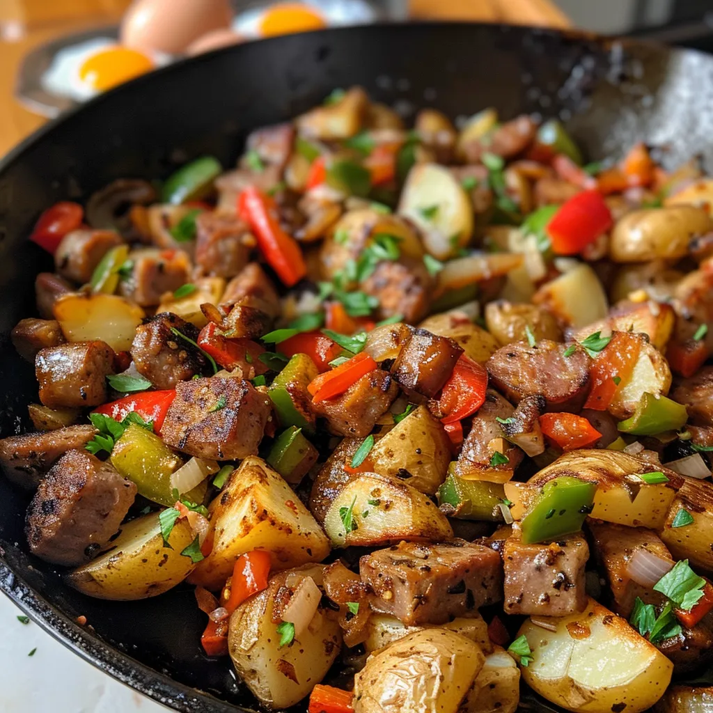 Vibrant breakfast hash with sausage and vegetables, captured from a side angle.