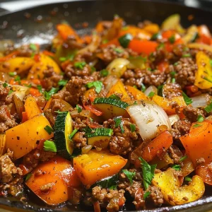 A side view of a hearty beef and veggies dish in a skillet, highlighting fresh ingredients and rich colors.