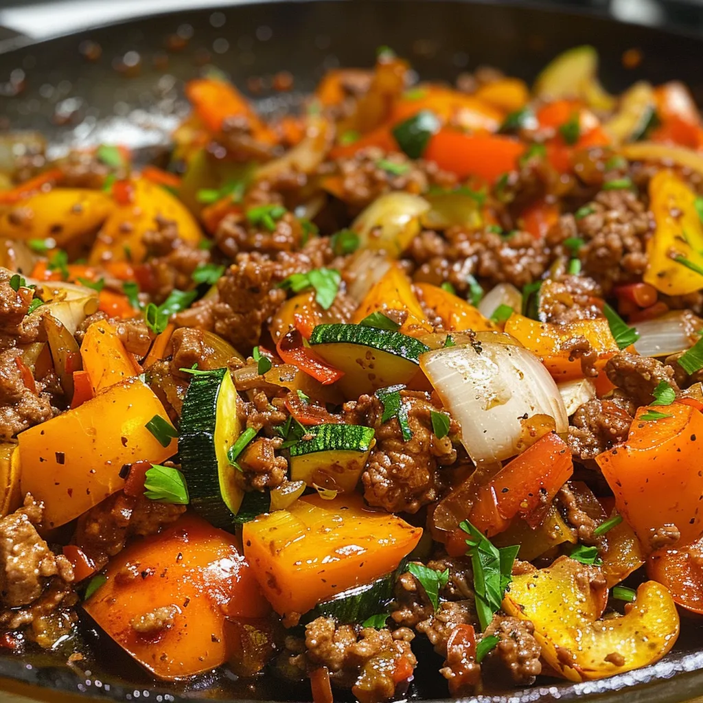 A side view of a hearty beef and veggies dish in a skillet, highlighting fresh ingredients and rich colors.