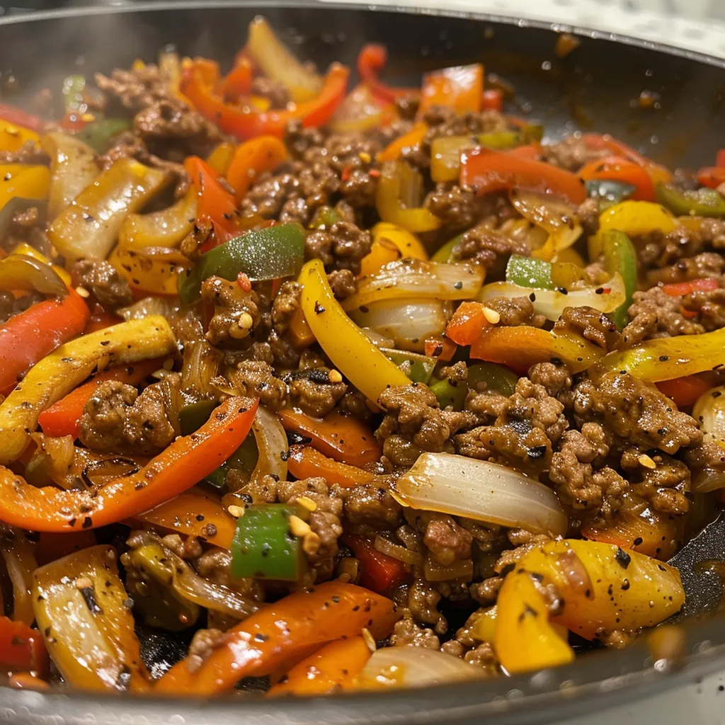 A delicious skillet meal featuring ground beef, bell peppers, and zucchini, prepared in a home kitchen.