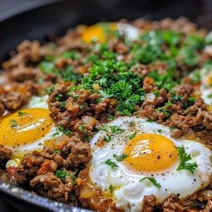 Juicy ground beef and eggs garnished with parsley in a frying pan.
