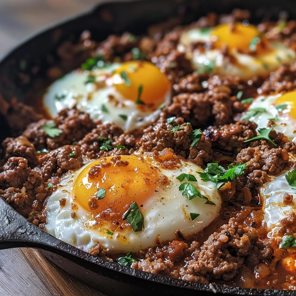 Delicious skillet meal featuring minced beef and sunny-side-up eggs.
