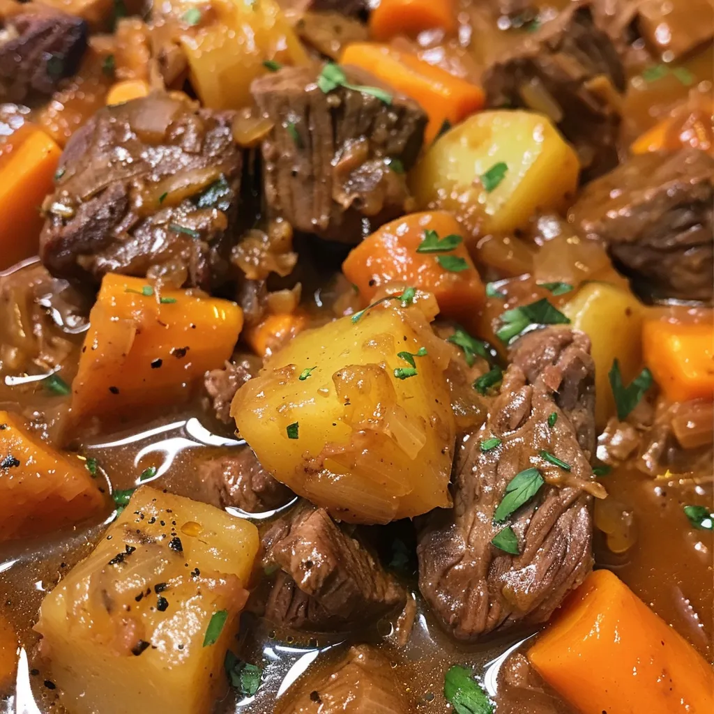 Side view of homemade beef stew with chunks of meat and vegetables.