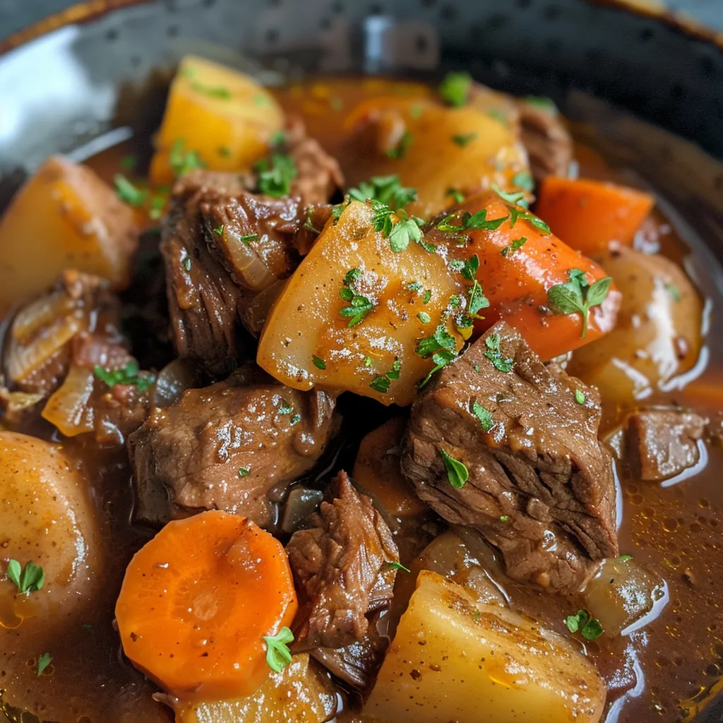 Rich beef stew with steam rising, showcasing tender meat and fresh ingredients.