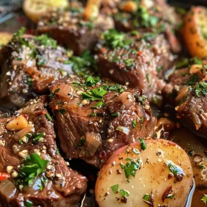 Delicious slow cooker beef simmering in garlic butter sauce, featuring vibrant carrots and potatoes.