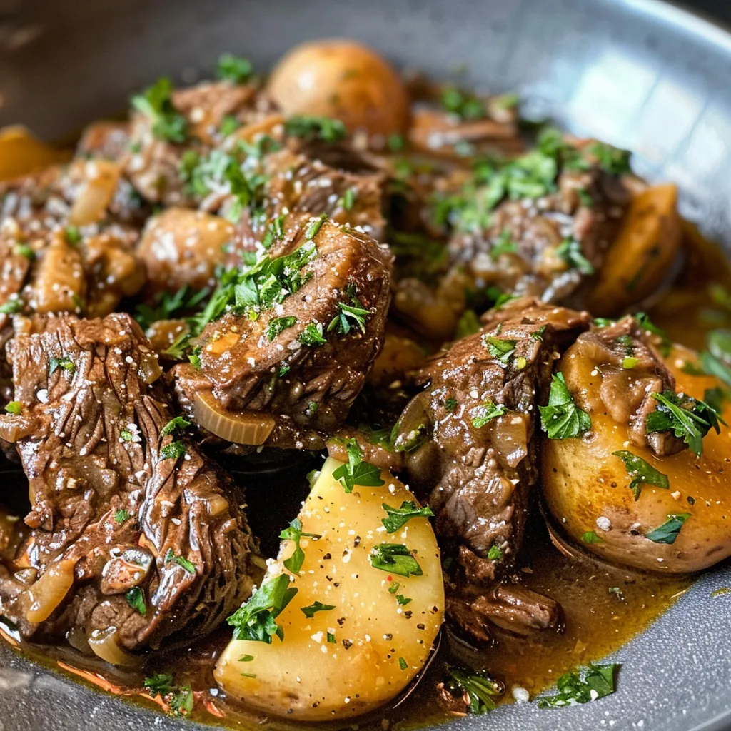 Juicy beef chunks and potatoes in a savory garlic butter sauce, captured in a close-up shot.