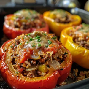 Juicy slow cooker stuffed bell peppers, vibrant colors, and a hearty filling displayed from the side.