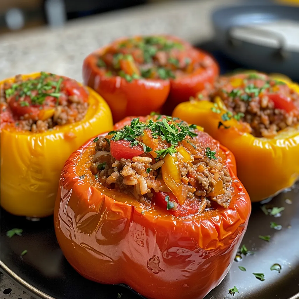 An appetizing arrangement of bell peppers filled with savory ingredients, highlighting their textures.
