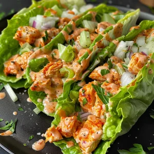A mouthwatering spicy buffalo chicken Caesar wrap, filled with fresh lettuce leaves, chicken, and dressing.