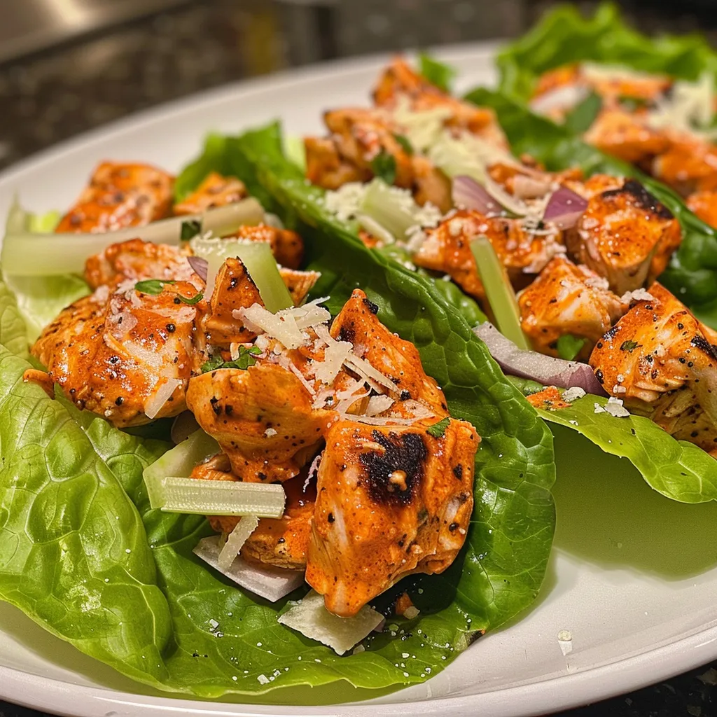 Juicy spicy buffalo chicken Caesar wrap with visible chunks of chicken and fresh vegetables peeking out.