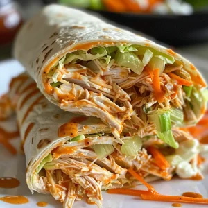 Slice of Spicy Buffalo Chicken Wrap showcasing hot sauce, ranch dressing, and fresh veggies.