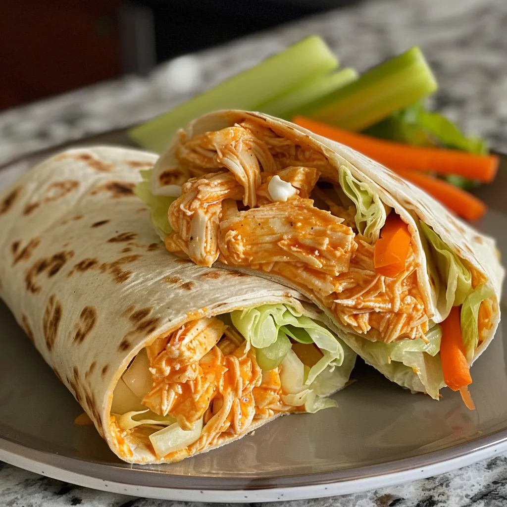 Deliciously stacked Spicy Buffalo Chicken Wraps displaying melted cheese and vibrant ingredients.