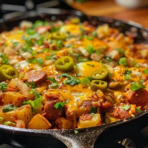 Juicy chorizo and potato breakfast skillet topped with eggs and melted cheese.