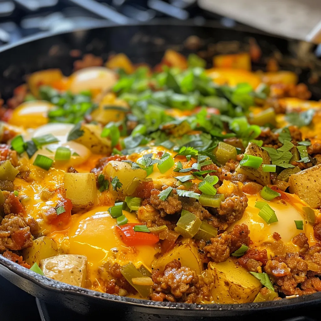 Delicious breakfast dish showcasing chorizo sausage, green chiles, and diced potatoes.
