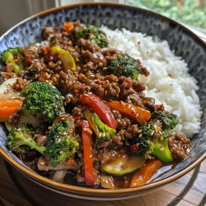 Side view of a Spicy Ground Beef Stir-Fry Bowl with garlic-infused vegetables and rice.