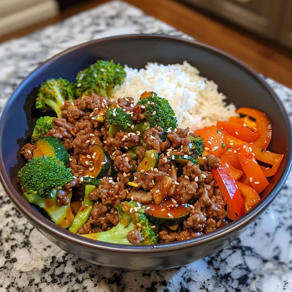 Juicy Spicy Ground Beef Stir-Fry Bowl showcasing broccoli, bell pepper, zucchini, and mushrooms over rice.