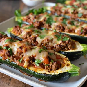 A side view of succulent stuffed zucchini, filled with a savory mixture of beef and vegetables.
