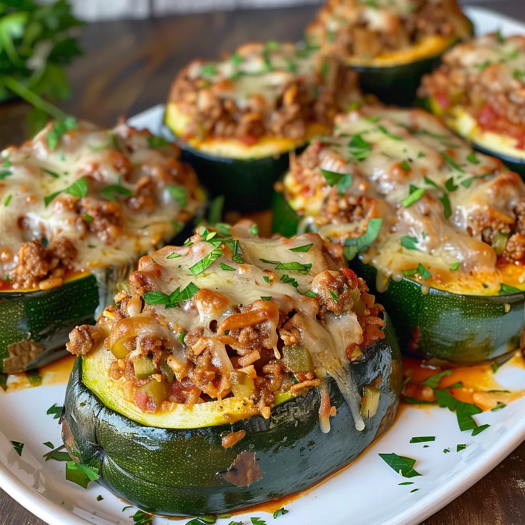 Zucchini halves filled with ground beef and rice, topped with melted cheese and herbs.