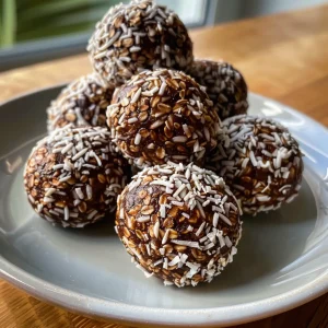 Juicy chocolate balls arranged on a surface, highlighting the rolled oats and coconut.