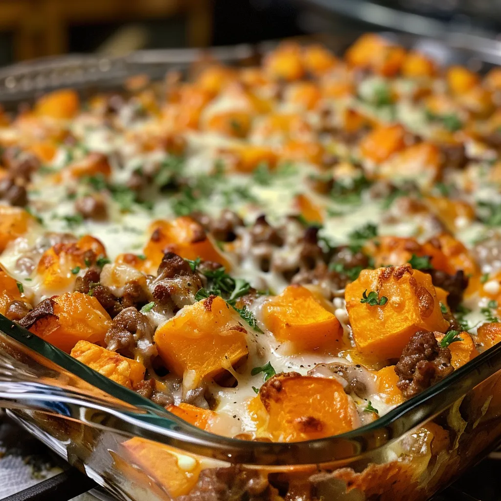 Appetizing portion of sweet potato cheesy beef bake, highlighting vibrant colors and ingredients.