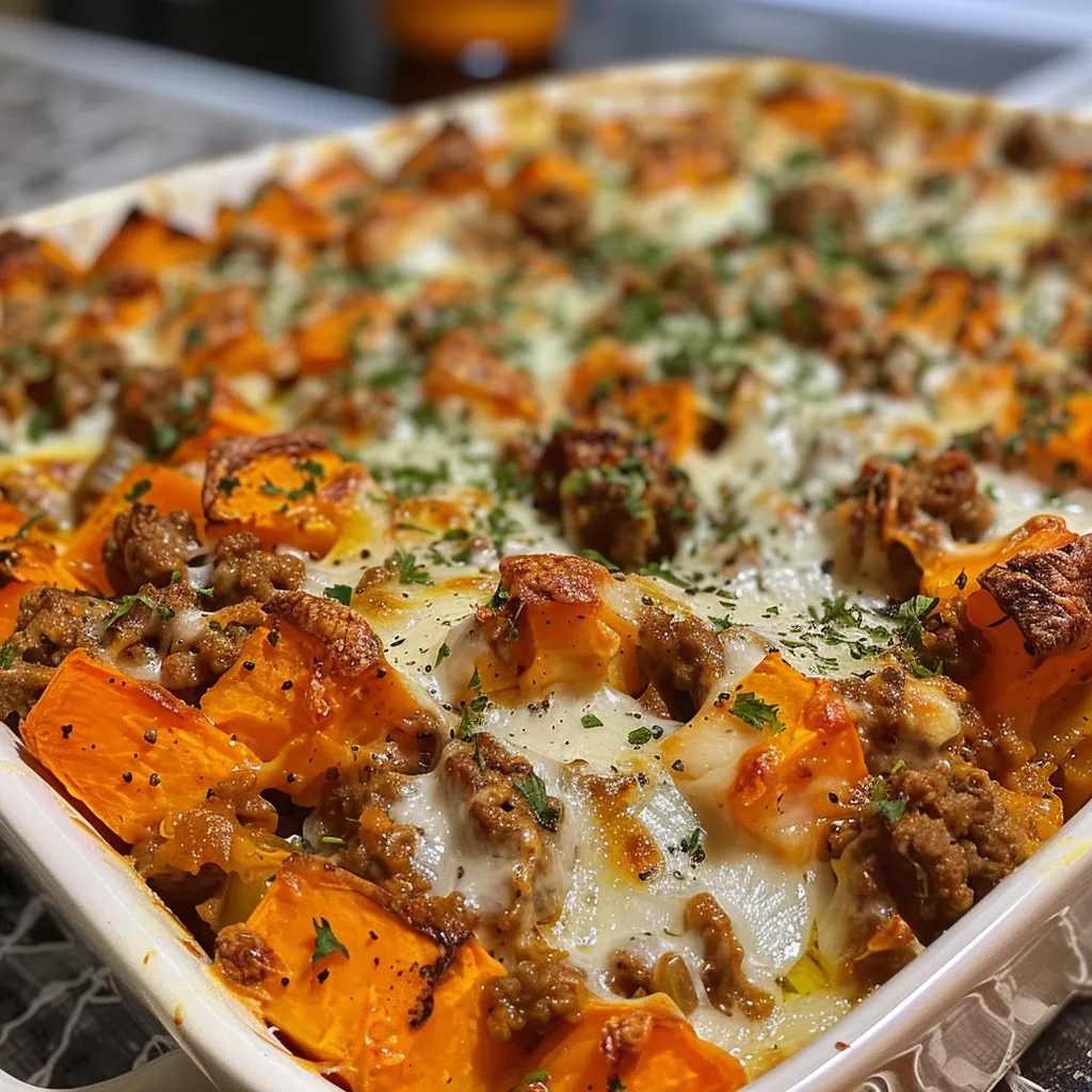 Delicious baked dish featuring sweet potatoes and ground beef, with a golden cheese crust.