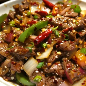 A plate of Szechuan beef featuring tender meat and sliced onions, garnished with chilies.